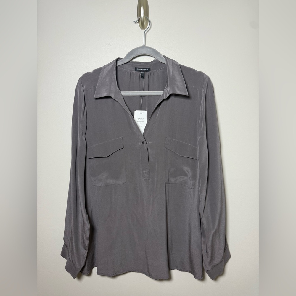 Eileen Fisher Slate Gray Button-Front Silk-Like Blouse